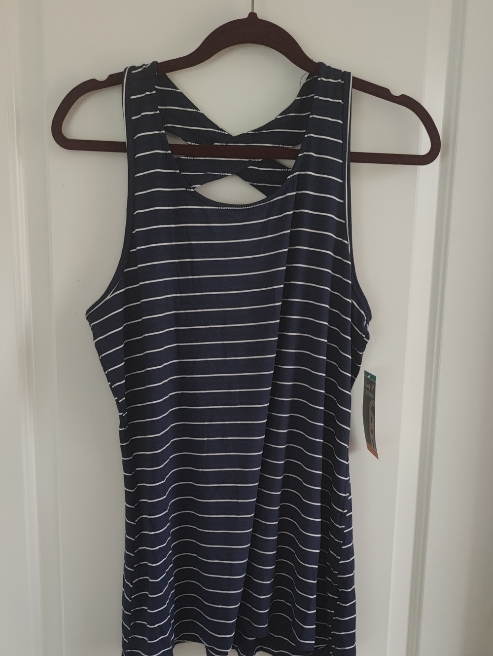 Emily B Striped Navy Cross Over Back Tank Top